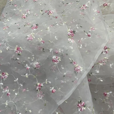 Pink Flowers Embroidered White Organza Fabric 58" Wide ~ By the Yard - Image 1 of 4