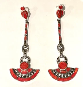 Sterling Silver Art Deco Egyptian Red Coral and marcasite drop dangle earrings - Picture 1 of 1