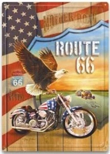 12" x 17" USA FLAG ~ ROUTE 66 ~ EAGLE ON MOTORCYCLE PATRIOTIC METAL SIGN - CR14 - Picture 1 of 1