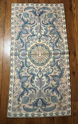 Crewel rug tapestry Runner Hand Embroidered Blue Pink Clean 26"x52" 2’2”x4’4” - Image 1 of 4