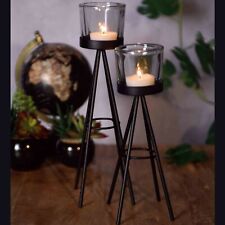 2 Metal Tripod Tealight Candle Stick Stand Glass Holder Set 8x19cm & 8x24cm Tall
