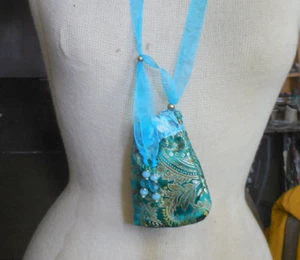 Reversible Turquoise Blue & Teal Green, Gold Brocade Drawstring Necklace Pouch - Picture 1 of 8