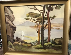 "Acuarela firmada Ocean Landscape E. Thieleman 31,5 x 25,5"" pintura Noah Verrier" - Imagen 1 de 14