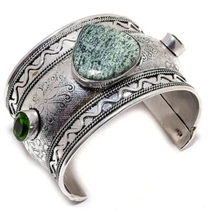 Green Opal, Peridot Gemstone 925 Silver Plated Cuff Bracelet Adjustable - Picture 1 of 1