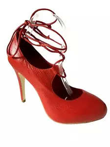 KATHRYN AMBERLEIGH Red Pump Leather 4.5" Heel Almond Toe Platform Lace Up 10 - Picture 1 of 9