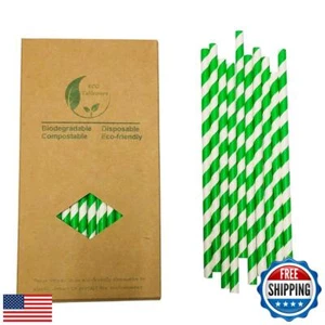 Disposable Paper Straws Green White Striped Straws, Spring Green Biodegradabl - Picture 1 of 5