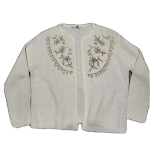 Vintage Sears Roebuck Cream Knit Open Front Cardigan Pearl Embellished Medium - Picture 1 of 7
