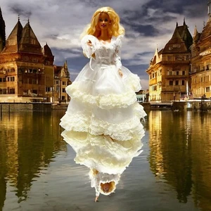 Angelic Dress - Unique Handmade White with Yellow Lace Gown for Dolls - Picture 1 of 15