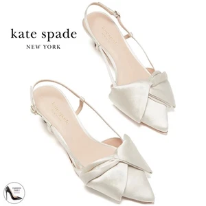 Kate Spade Marseille Ivory White Satin Bow Slingback Pumps Kitten Heel Shoes 8 B - Picture 1 of 19
