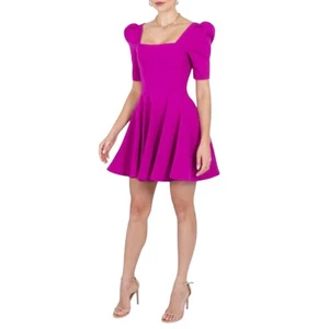 Black Halo Bambi Mini Dress Puff Sleeve Pleated Skirt Pockets Orchid Size 6 NWOT - Picture 1 of 10