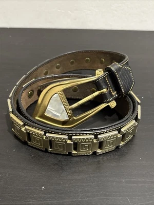 Vintage Linea Pelle Black Leather Gold Metal Links Belt Sz S Made In Italy - Image 1 of 4