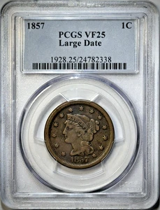 1857 Braided Hair Large Cent - PCGS VF25 "Large Date" - Picture 1 of 6