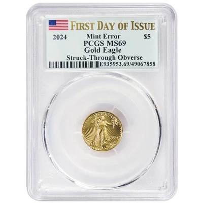 2024 $5 American Gold Eagle 1/10 oz PCGS MS69 FDOI Mint Error Obverse Strike - Image 1 of 3