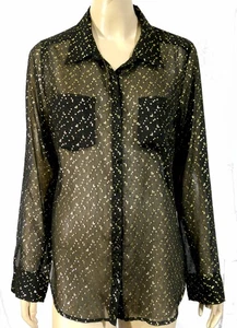 Guess transparente schwarze Bluse ausgefallen Knopf Metallic Gold Twinkle Konfetti L - Bild 1 von 5