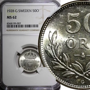 SWEDEN Gustaf V Silver 1928 G 50 Ore NGC MS62 KM# 788 (007) - Picture 1 of 5