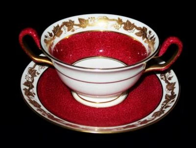 Wedgwood Porcelain WHITEHALL POWDER RUBY Red Cream Soup Bowl & Liner Set - Image 1 of 4