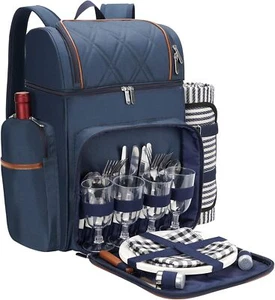 Picnic Backpack for 4 Insulated Cooler Bag with Blanket & Wine Pouch Leakproof - Picture 1 of 3