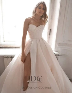 2023 Ruffles Satin Wedding Dress Bridal Gown Corset Plus Size 2-24w Ivory Slit - Picture 1 of 6