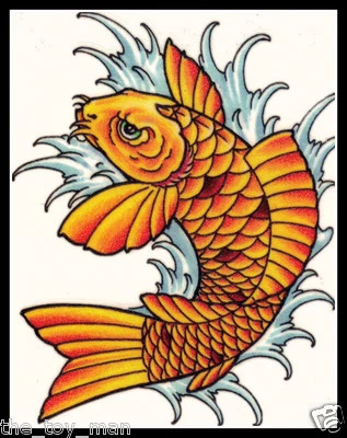 PEZ KOI TRIBAL JAPONÉS NARANJA ORO CARPA BUENA SUERTE ~ TATUAJE TEMPORAL PIEL LÍQUIDA Foto 1 de 4