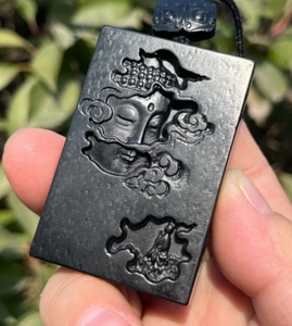 CERTIFIED 77g 100% NATURAL XIN JIANG HOTAN BLACK JADE HAND CARVED BUDDHA PENDANT - Picture 1 of 24