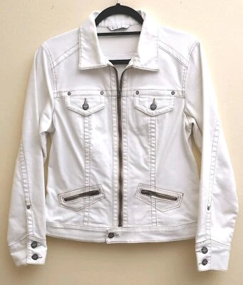 CAbi Cotton Spandex White Ivory Jean Jacket M Logo Denim Y2K Streetwear Preppy - Image 1 of 4