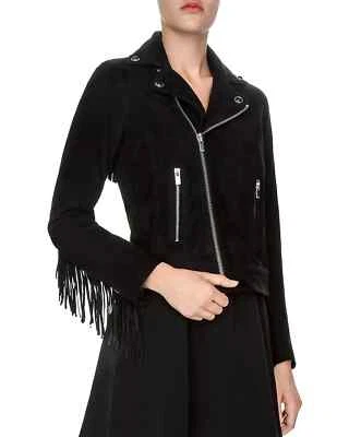 Negra Nueva Elegante Gamuza Motociclista Mujer Chaqueta Flecos Hecha a Mano Cuero Informal Foto 1 de 4