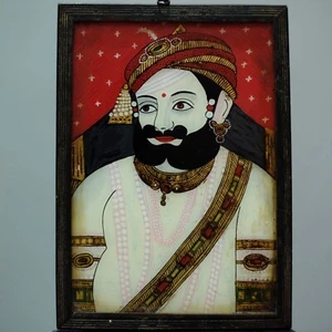Vintage Indian (Rajput King) Miniature Portrait, Reverse Glass Painting. - Picture 1 of 3