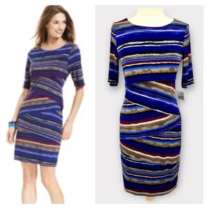 Connected Apparel Overlapping Asymmetrical Striped Sheath Dress 6 Artsy Office - Imagen 1 de 13