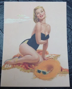 "The Sunbather" Pin-up Art Postcard by Al Buell 4 1/4" x 5 1/2" Swimsuit beach - Picture 1 of 3