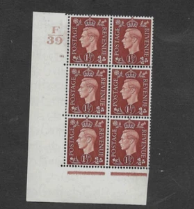 GEORGE VI 1939 1 1/2d BROWN CONTROL 'F39' CYLINDER 141 NO DOT CORNER BLOCKx6 MNH - Picture 1 of 2