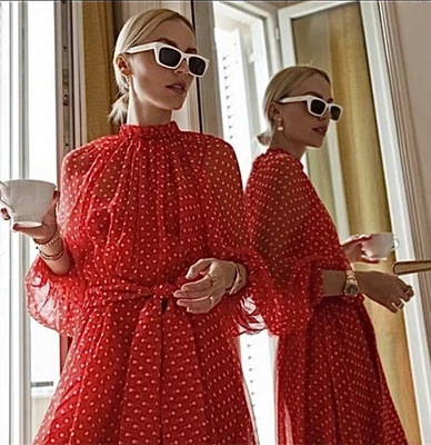 Vestido IMMERMANN MIDI Seda Noventa y Seis Columpio Rojo Blanco Lunares Manga Larga Talla 3 Foto 1 de 4