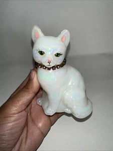 Fenton Vetro Gattino Iridescente Strass Collare Occhi Verdi Dipinto A Mano - Foto 1 di 7