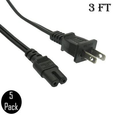 5 Pcs 3FT 18/2 Figure 8 Plug AC Power Cord Cable Slim 2-Prong 18AWG SJT Black - Image 1 of 2
