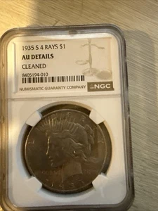 Dólar de plata S Peace 1935 $1 fecha clave rara NGC AU detalles limpios 4 rayos rev - Imagen 1 de 2