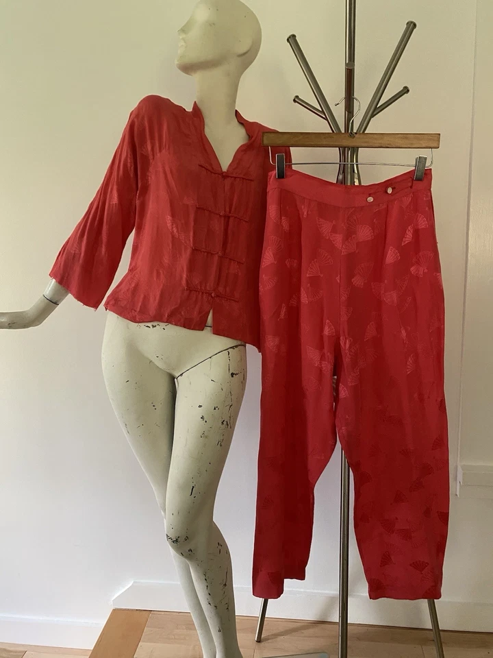 Conjunto de pijama de seda vintage rosa asiático chino dinastía años 50 parte superior inferior abanico estampado como está Foto 1 de 4