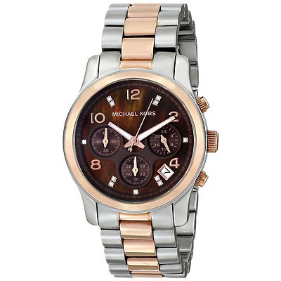Nuovo Michael Kors 2 Tono Oro Rosa + Argento, Chrono, Marrone Mop Cristalli - Immagine 1 di 2
