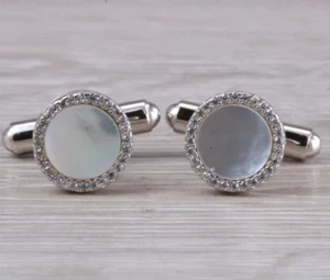 Wedding Gentleman's Cufflinks 14K White Gold Plated Lab Created Mother of Pearl - Picture 1 of 6