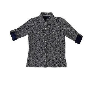 NWOT Lands End Blouse Womens M Black Polka Dot Roll Tab Sleeve Button Up - Picture 1 of 10