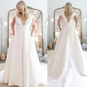 Elegant V Neck Satin Wedding Dresses A Line Boho Backless Bridal Gowns