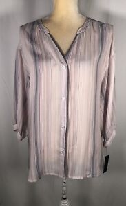 Donna Karan Women Pajama Top XL Shirt Lounge Stripe 3/4 Sleeve Gray New