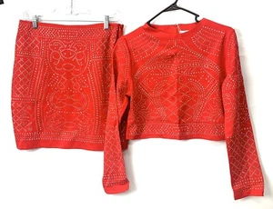 Women’s Red Sequin 2-Piece Set Crop Top & Skirt Long Sleeve Bodycon Size Large - Picture 1 of 9