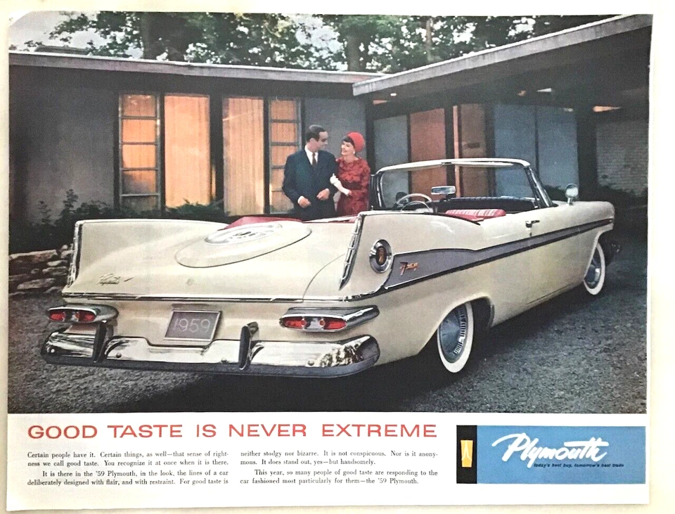 1959 年普利茅斯杂志广告-白色 Fury 可转换现代房屋外 — 第 1/1 张图片