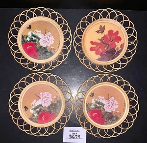 4 Bamboo Wicker Boho Coasters Floral Vintage - Picture 1 of 5