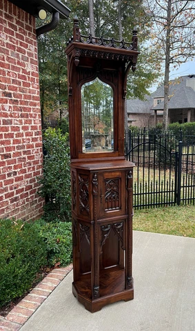 Antique French Credence Cupboard Cabinet Gothic Revival Mirrored Hall Entry 19C Cover