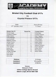 Youth Bristol City v Crystal Palace U17 FA Prem Academy League 12.1.2002 - Picture 1 of 1