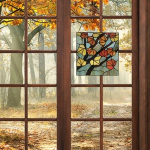 12"H Orange Leaves in Autumn Stained Glass Window Panel - Picture 1 of 10