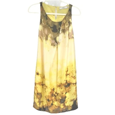 100% Silk Yellow Size 8 Dress Art To Wear Fall Color Watercolor Print - Image 1 of 4