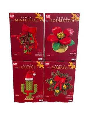 Block Tech Botanical Build Set Of 4 Christmas Cactus Wreath Mistletoe Poinsettia - Image 1 of 4