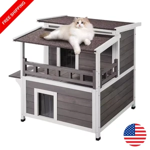 Outdoor Wooden Cat House 2-Story Weatherproof Shelter w/ Balcony & Open Roof - Picture 1 of 7