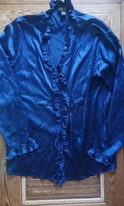 R2R Vintage Seide Blau Langarm Button Down Top Größe 1X Rüschen Y2K Vintage  - Bild 1 von 15
